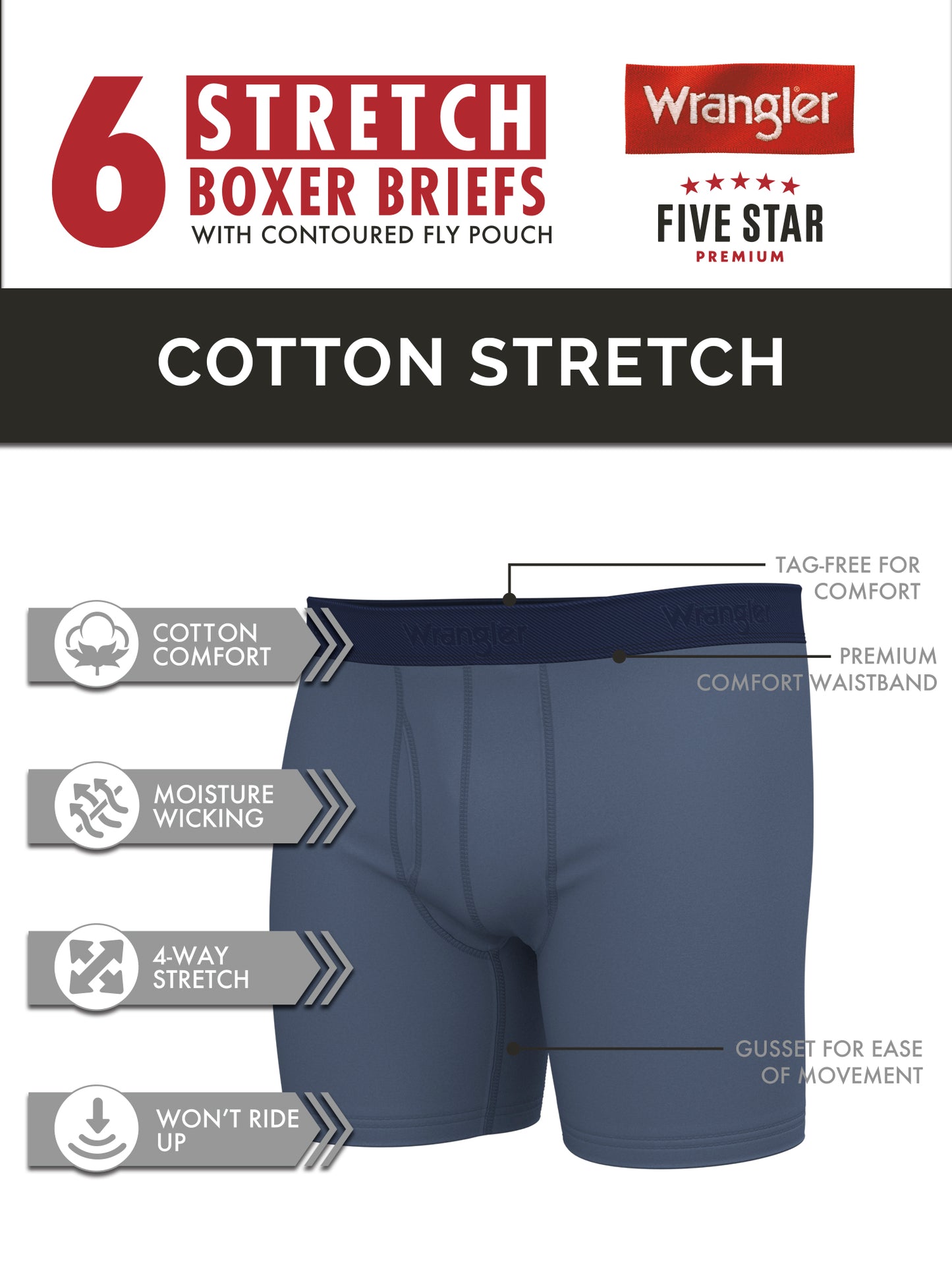 Wrangler Men's Functional Fly Brief Underwear, Multicolor (6 Pack)