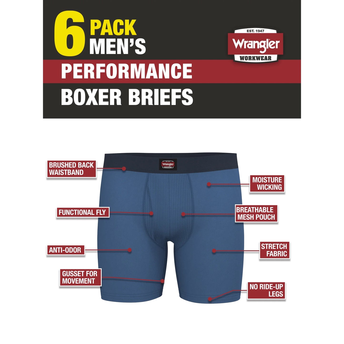 Wrangler Men's Moisture Wicking Nylon Boxer Briefs, Multicolor (6 Pack)
