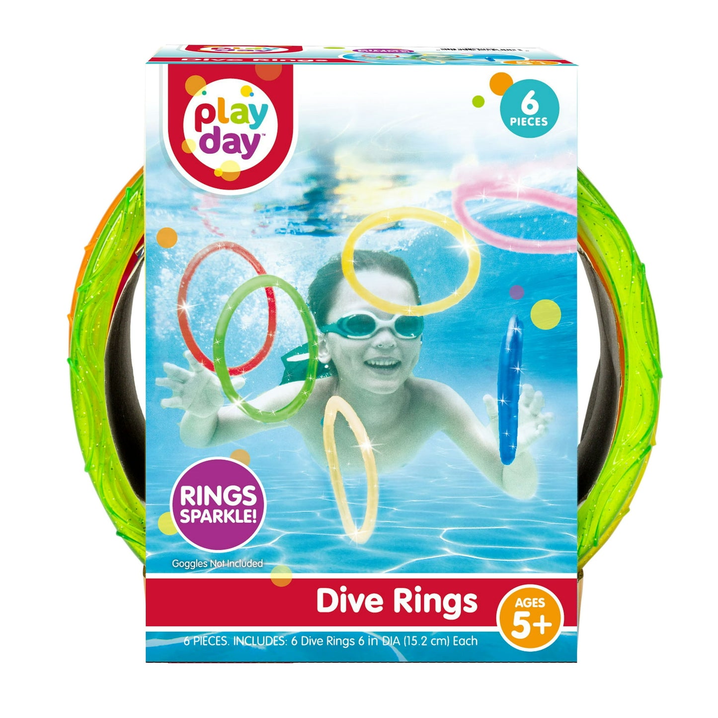 Play Day Sparkly Pool Ring Diving Set for Children, Multi-Color, Includes 6 Rings