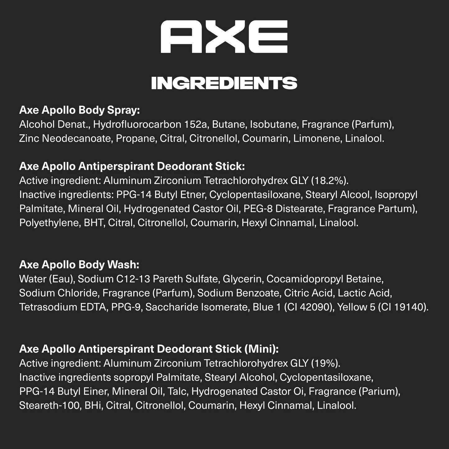 Axe Men's Gift Set Body Wash Deodorant Spray Antiperspirant Deodorant Stick Apollo Sage Cedarwood, 4 Count