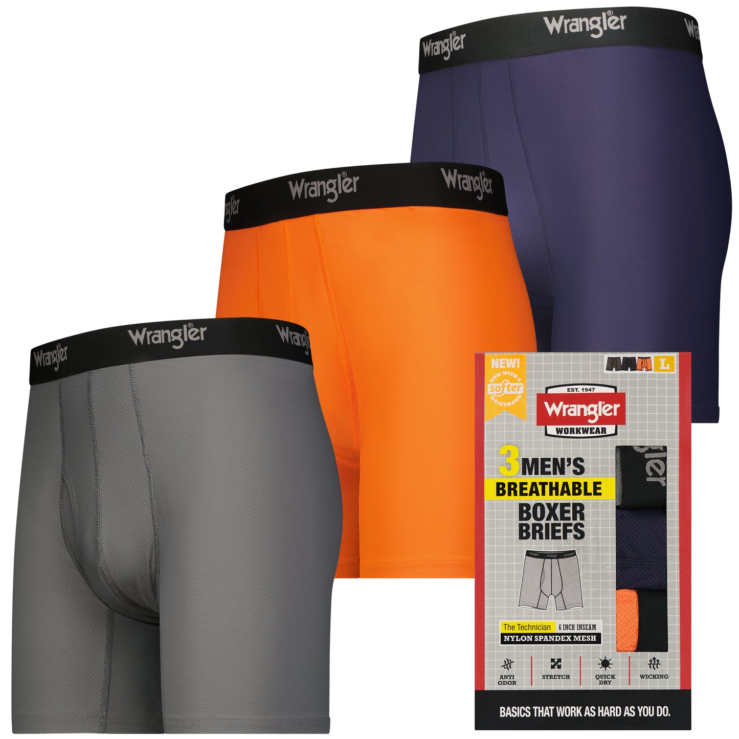 Wrangler Men's Breathable Mesh Boxer Briefs, 3 Pack