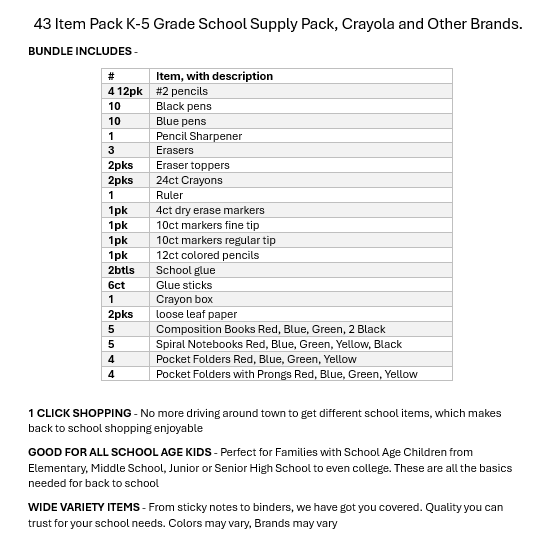 43 Item Pack Back to School Supply Bundle k-5 grade