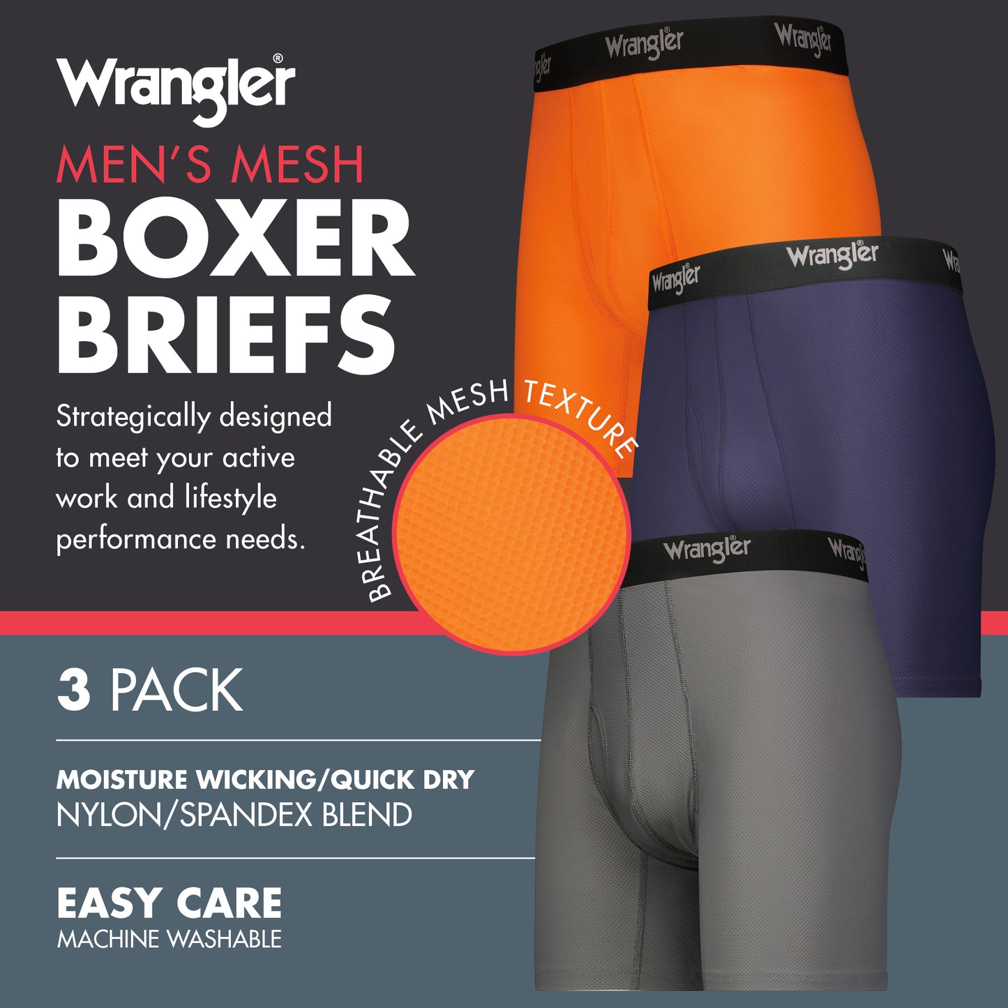 Wrangler Men's Breathable Mesh Boxer Briefs, 3 Pack