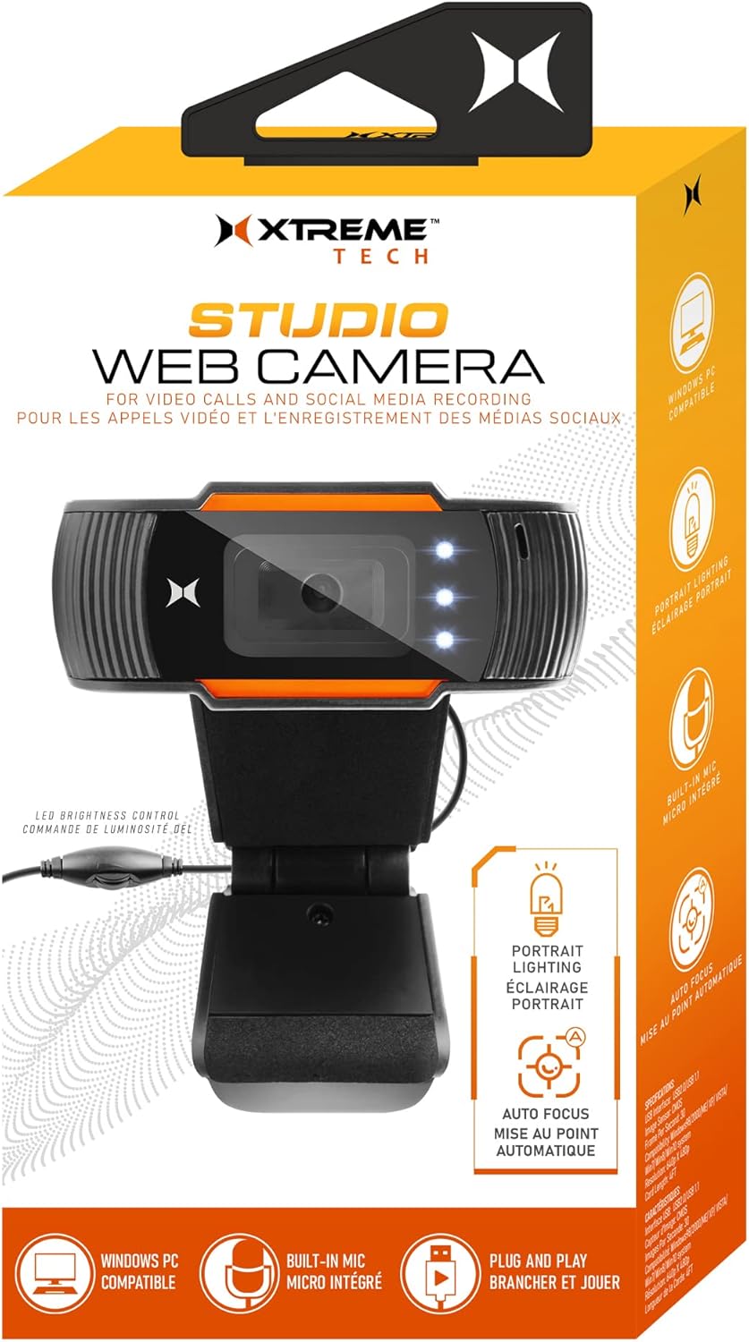 Xtreme 480p Studio Webcam w/LED Light, Auto Focus & auto White Balance, Built-in Microphone, Plug and Play Installation, 4ft Cable Length