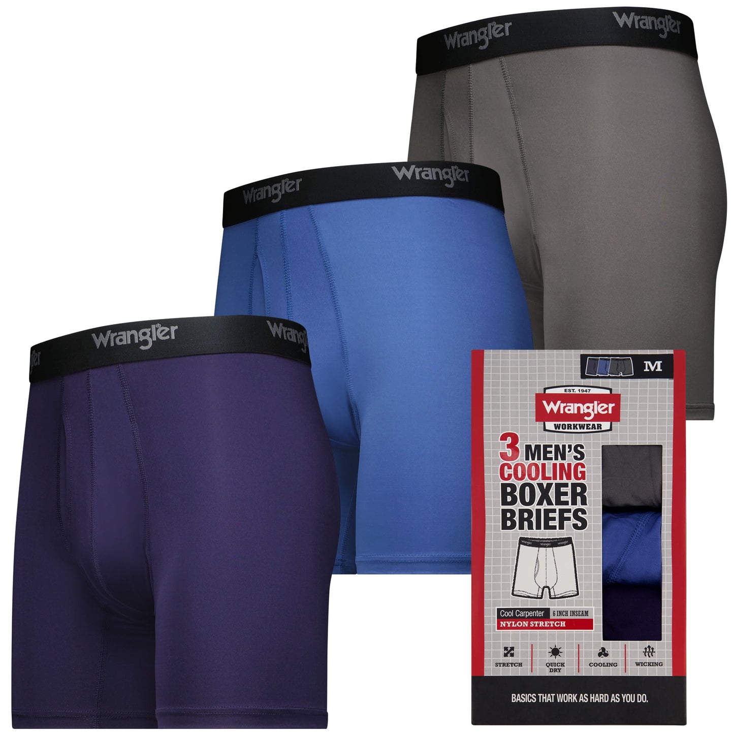 Wrangler Men's Boxer Briefs Cooling Stretch Nylon Underwear Boxers, Assorted Navy, 3 Pack