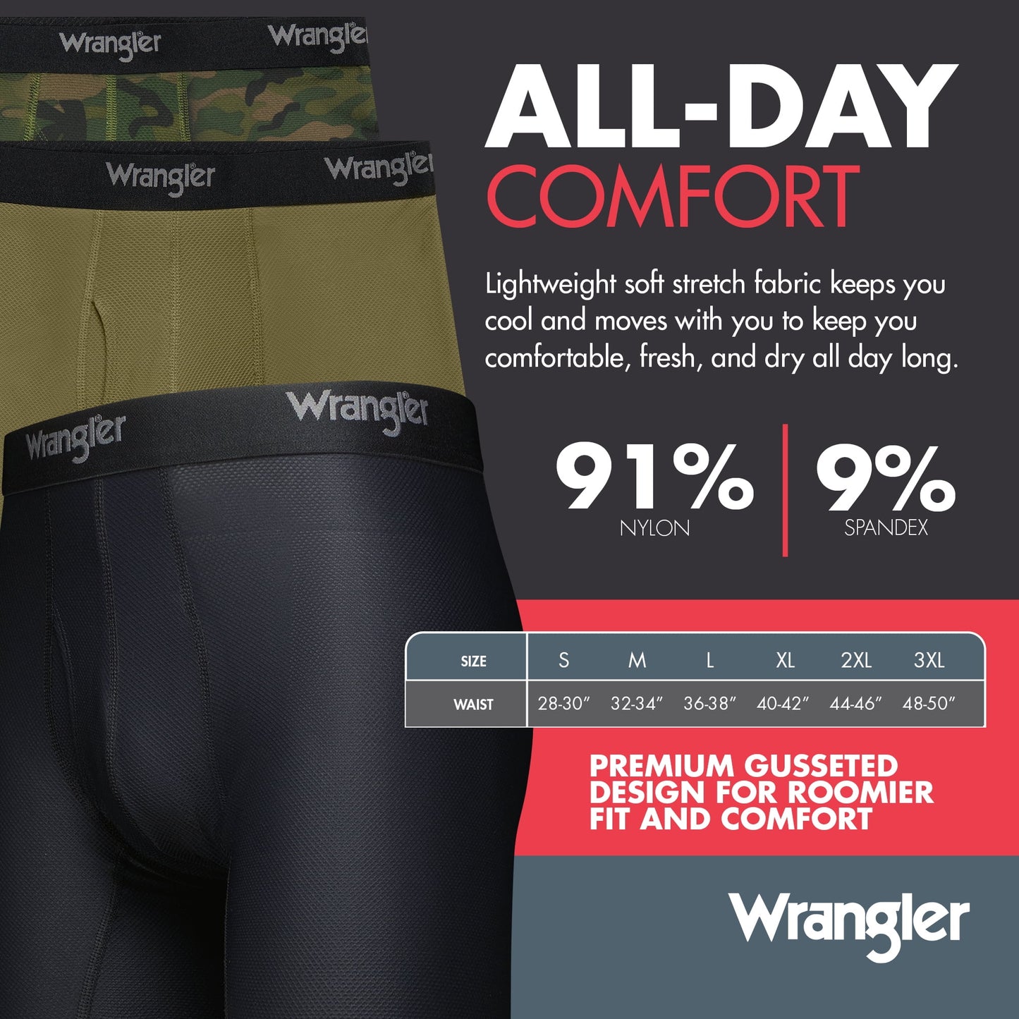 Wrangler Men's Breathable Mesh Boxer Briefs, 3 Pack