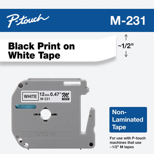 Brother P-Touch 12mm (1/2") Black on White Non-Laminated Tape (8m/26.2') (1/Pkg)