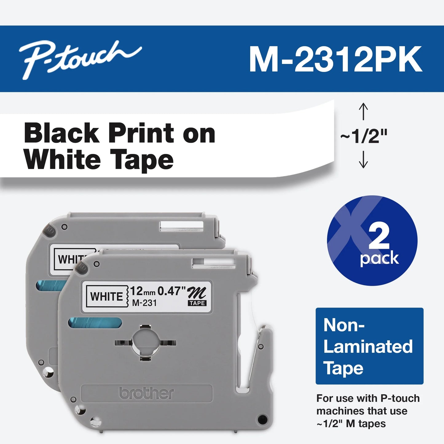 Brother P-Touch M2312PK, Standard Non-Laminated Tape, Black on White, 0.47" x 26.2', 2 Pack