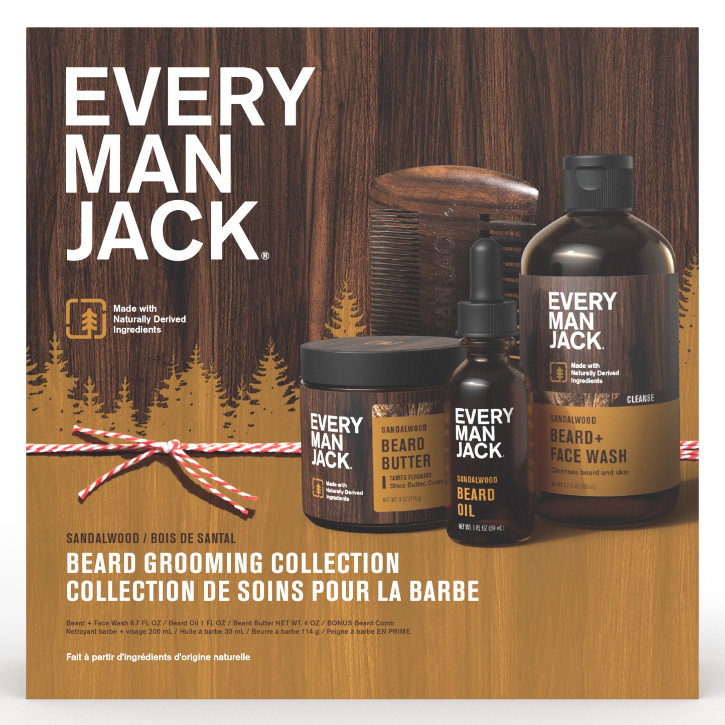 Every Man Jack Mens Sandalwood Beard Kit Holiday Gift Set, Face Wash, Beard Butter, Beard Oil & Comb