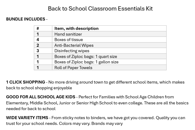 Back to School Classroom Essentials Kit Clorox, Sparkle, Wet Ones, GermX & More!!