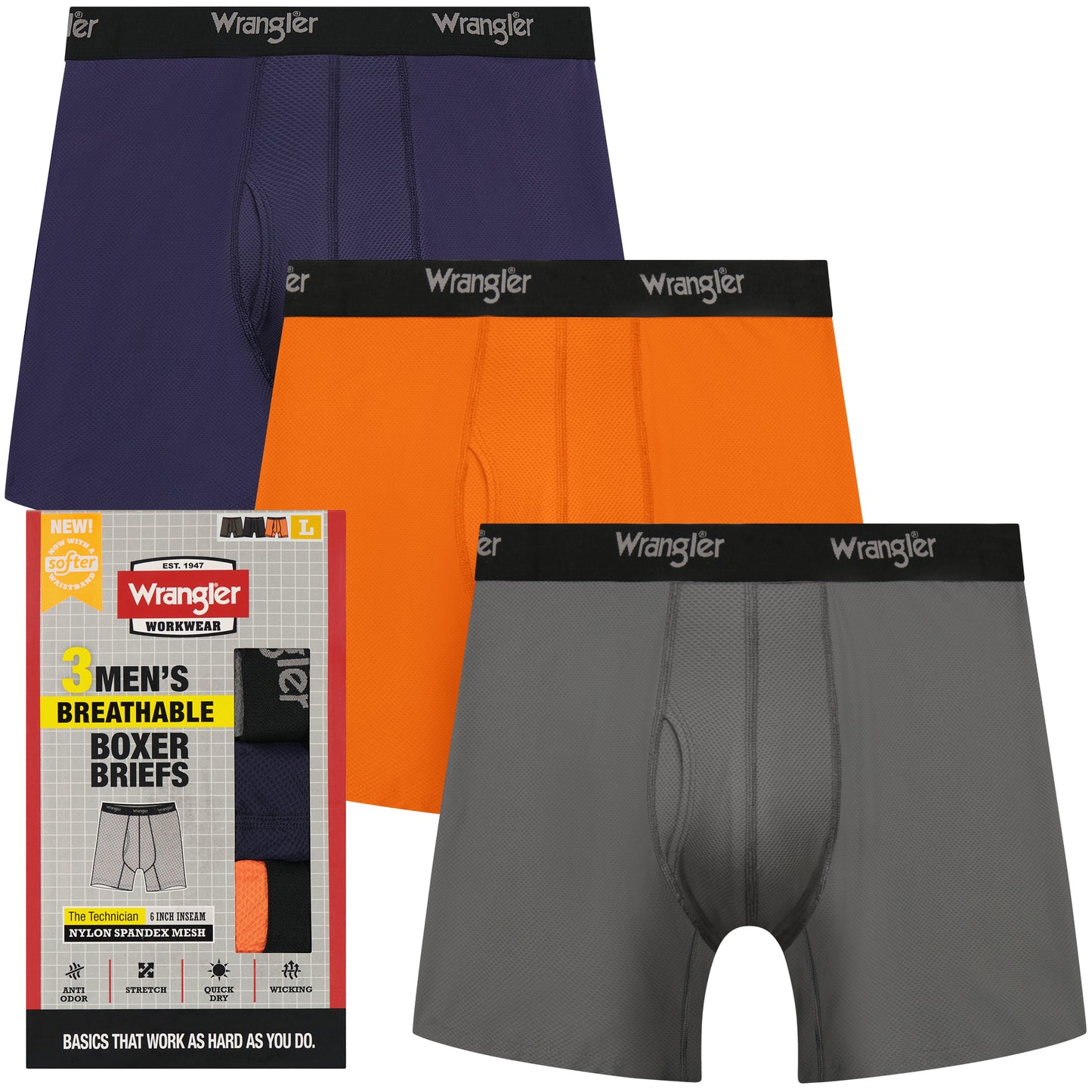 Wrangler Men's Breathable Mesh Boxer Briefs, 3 Pack