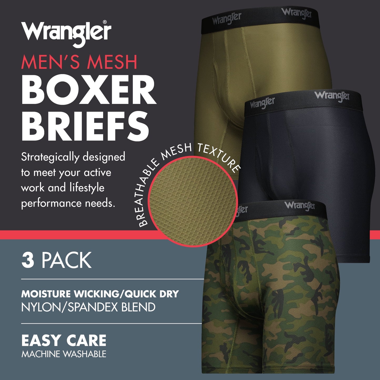 Wrangler Men's Breathable Mesh Boxer Briefs, 3 Pack