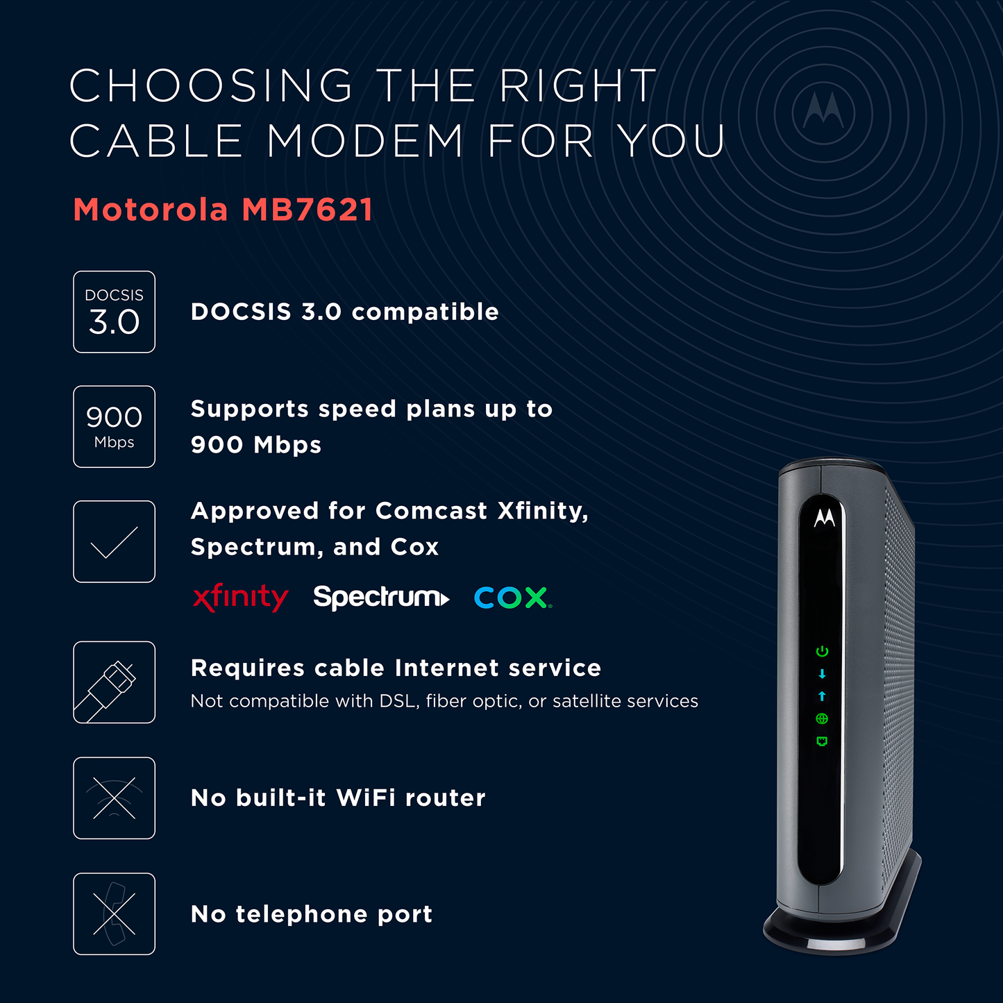 MOTOROLA MB7621 Cable Modem, DOCSIS 3.0 - Pairs with Any Wi-Fi Router | Approved by Comcast Xfinity, Cox, and Spectrum | 1000 Mbps Max Speed