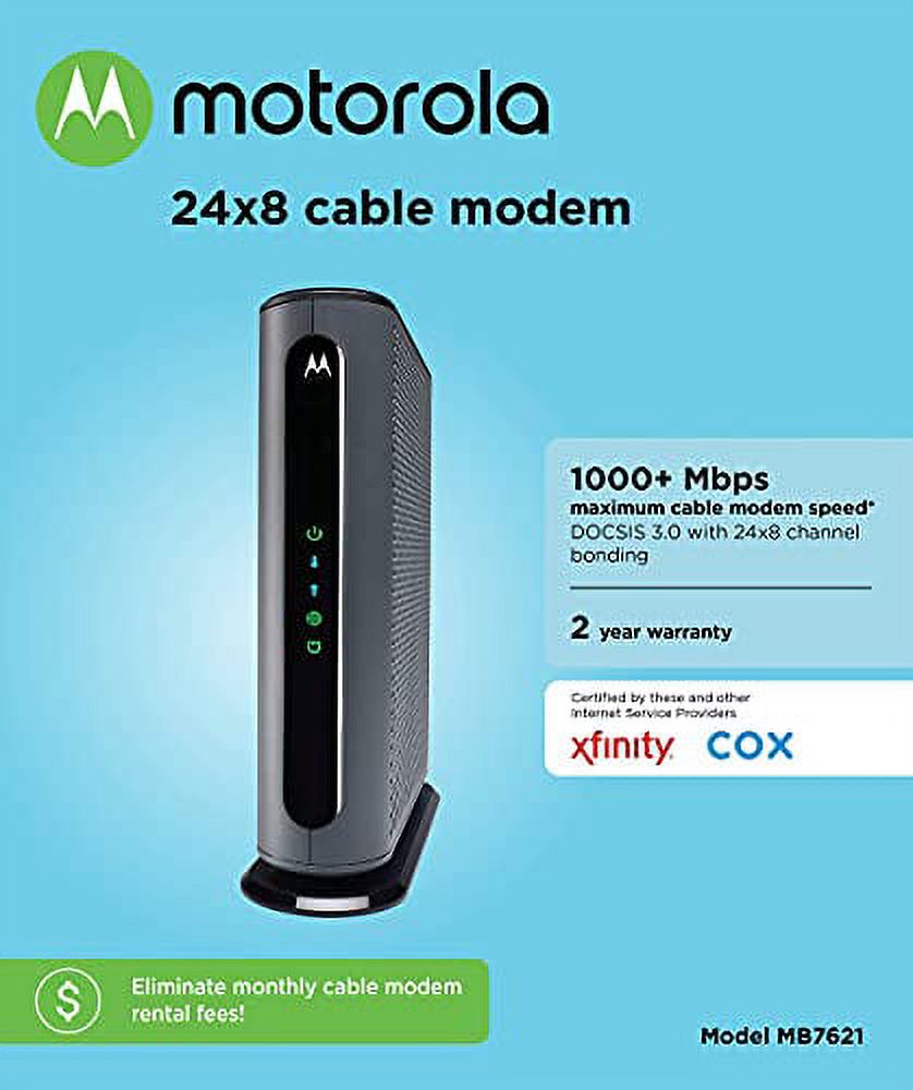 MOTOROLA MB7621 Cable Modem, DOCSIS 3.0 - Pairs with Any Wi-Fi Router | Approved by Comcast Xfinity, Cox, and Spectrum | 1000 Mbps Max Speed